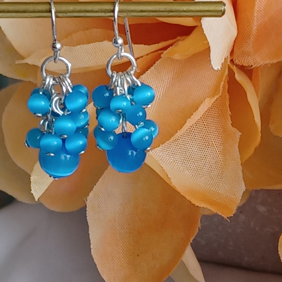 Powder Blue Beaded Cluster Earrings - Picture 3 of 6